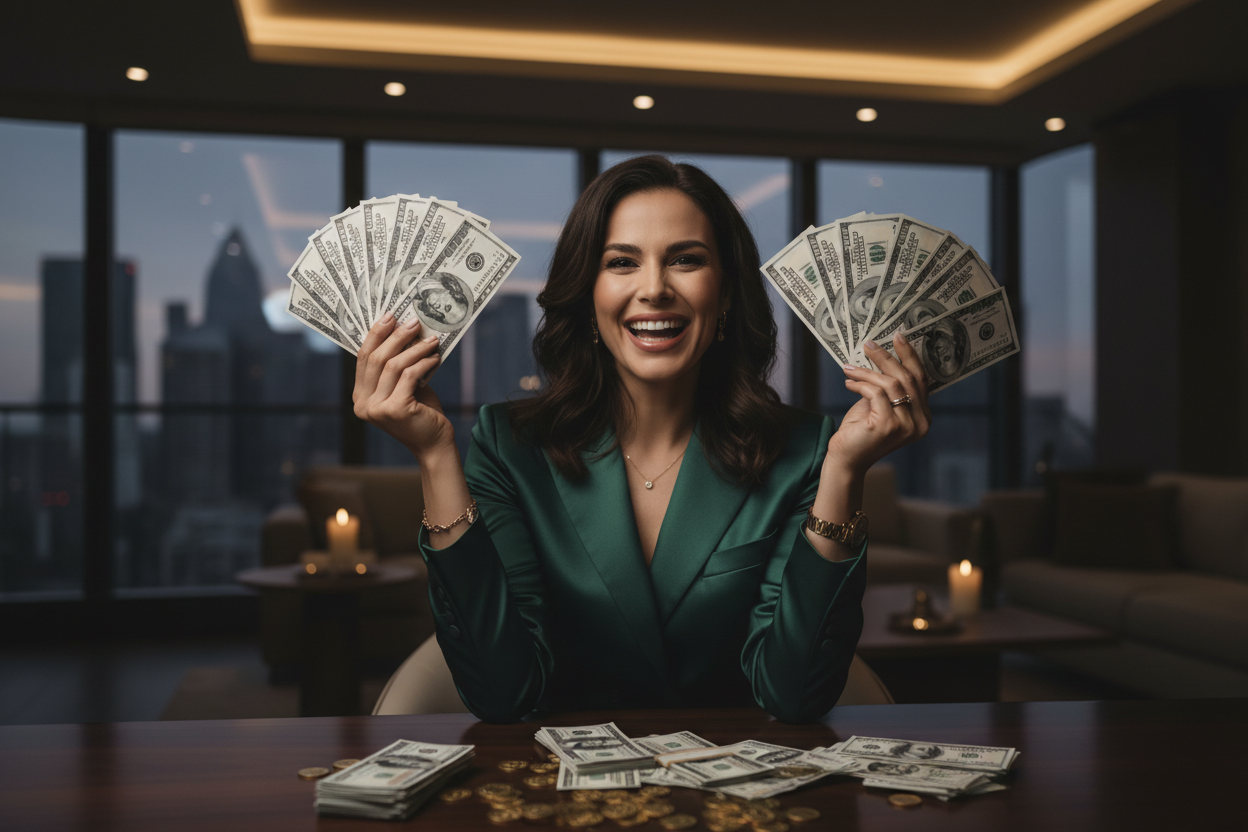 Woman holding money - darker contrast