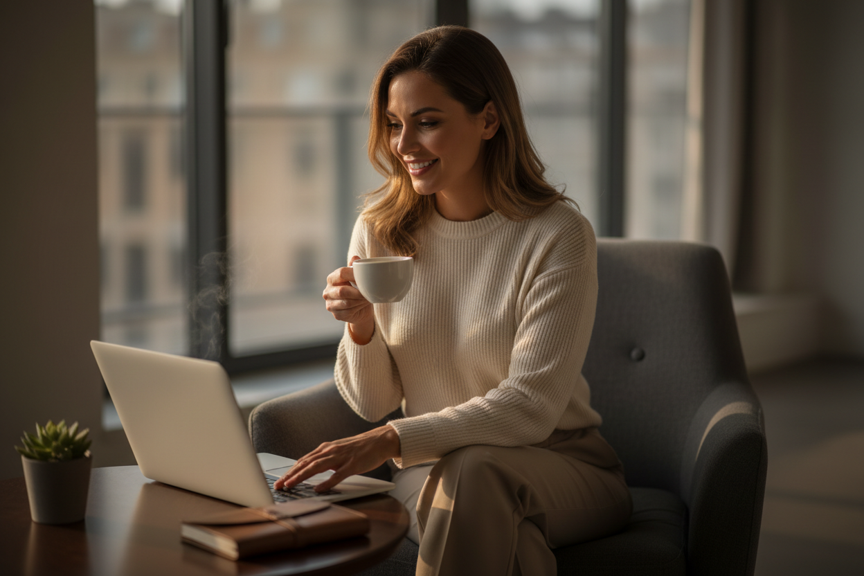Woman with laptop and coffee - darker contrast